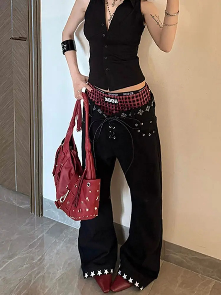American contrasting double waist splicing drawstring print retro women jeans fashionable high street casual floor jeans 251024