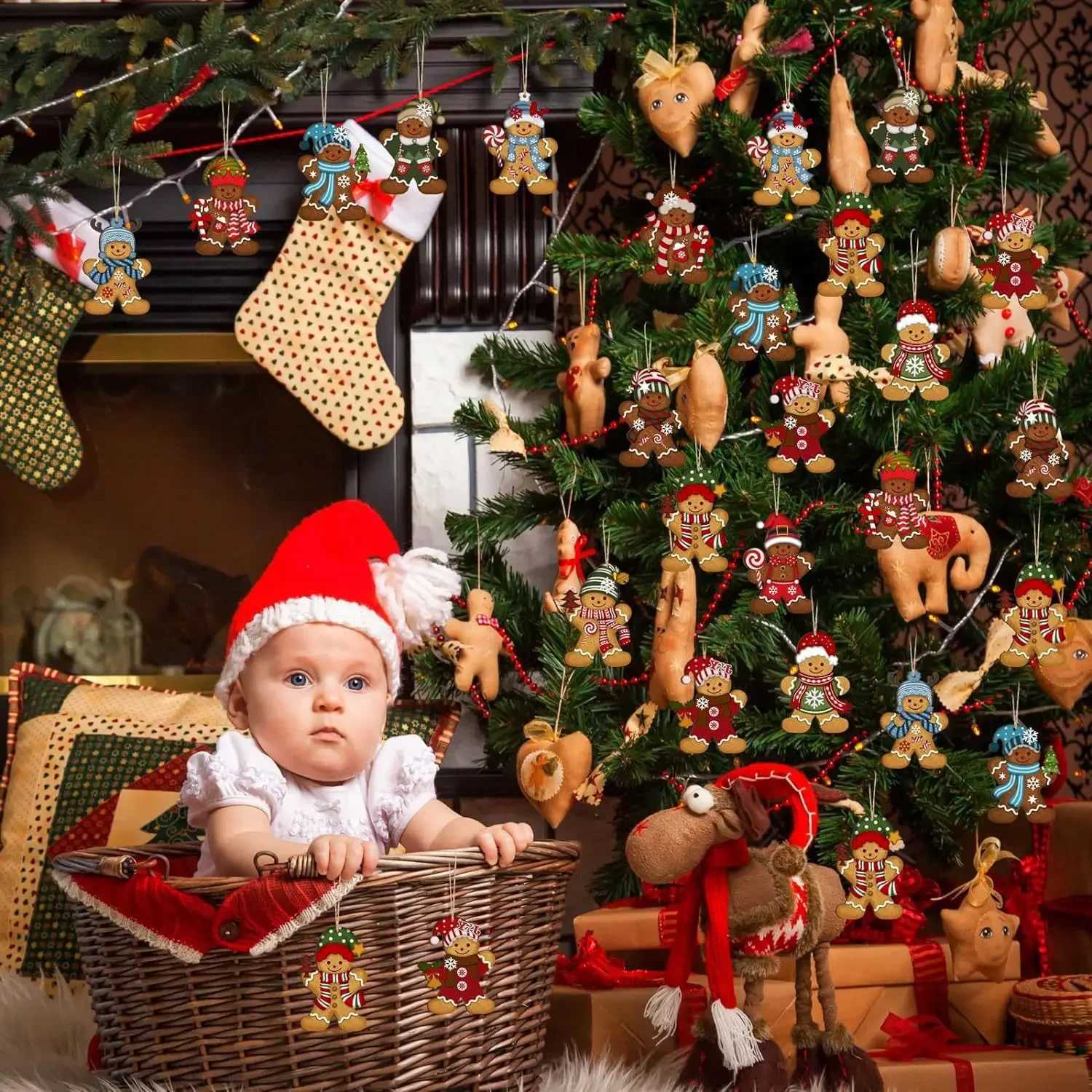 12pcsset Gingerbread Man Ornaments Christmas Tree Wooden Hanging Decorations Pendants Cute Cartoon Xmas DIY Hangings Home Decor C251024