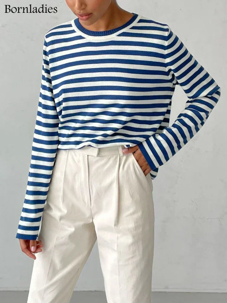 Bornladies Knitted Stripe Sweater Women 2025 Autumn Winter Loose Casual Thick Pullovers Female Warm Longsleeved Round Neck Tops 251023