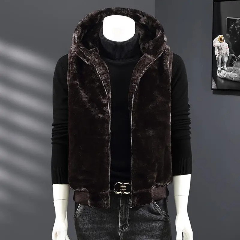 Autumn Winter Thiened Warm Mens Hooded Faux Fur Zipper Cardigan Vest European Sle Couples Outerwear Polyester Fiber 251020