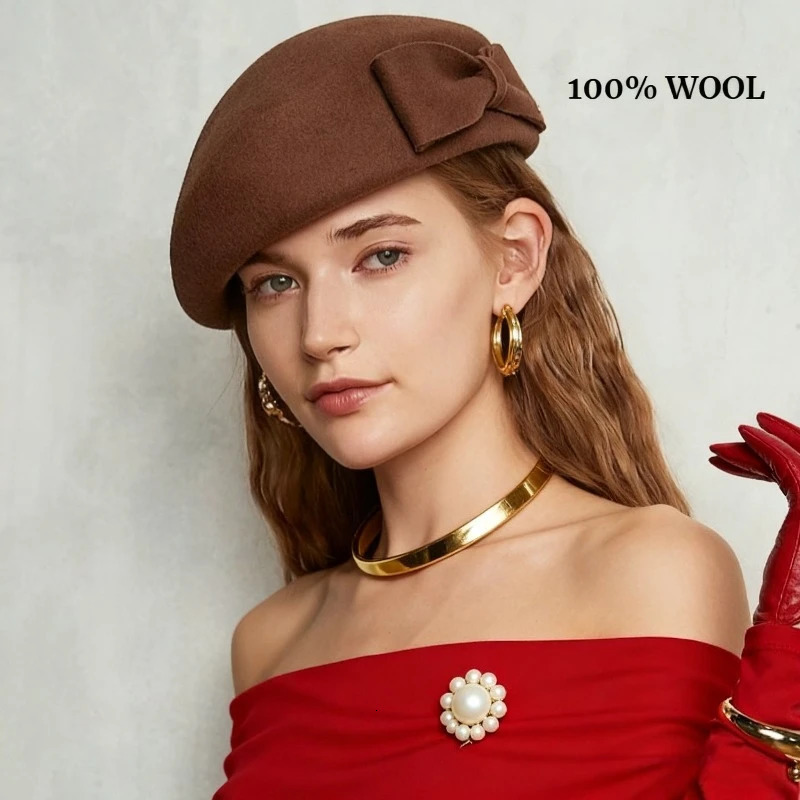 Vintage Bow 100 Wool Fedoras Hat for Women Autumn Winter Korean Version Fashion Warm Pillbox Berets Stewardess Painter Hat 251023