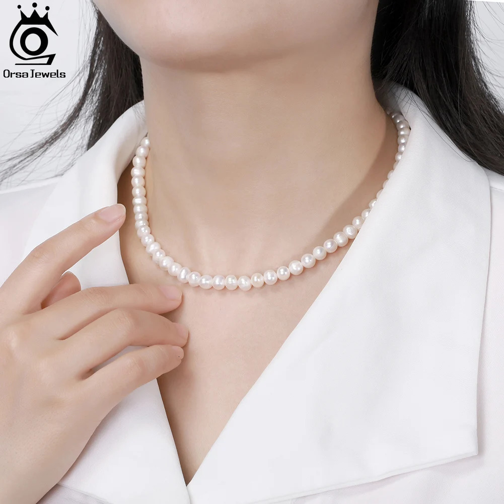 ORSA JEWELS 78mm Natural Pearl Beaded Necklaces Minimalism Waterproof 925 Silver White Pearls Chain Necklaces Female GPN26 251016
