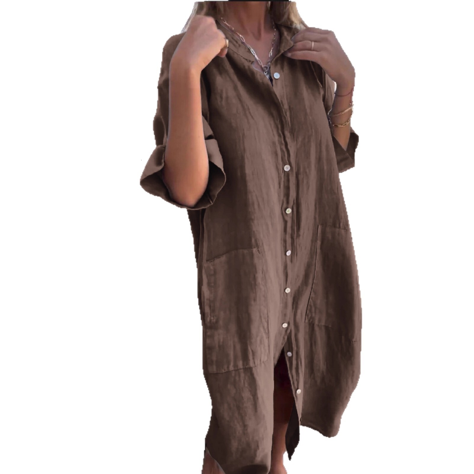 2025 New Womens Loose Fashion Casual Solid Color Half Sleeve Shirt Dress