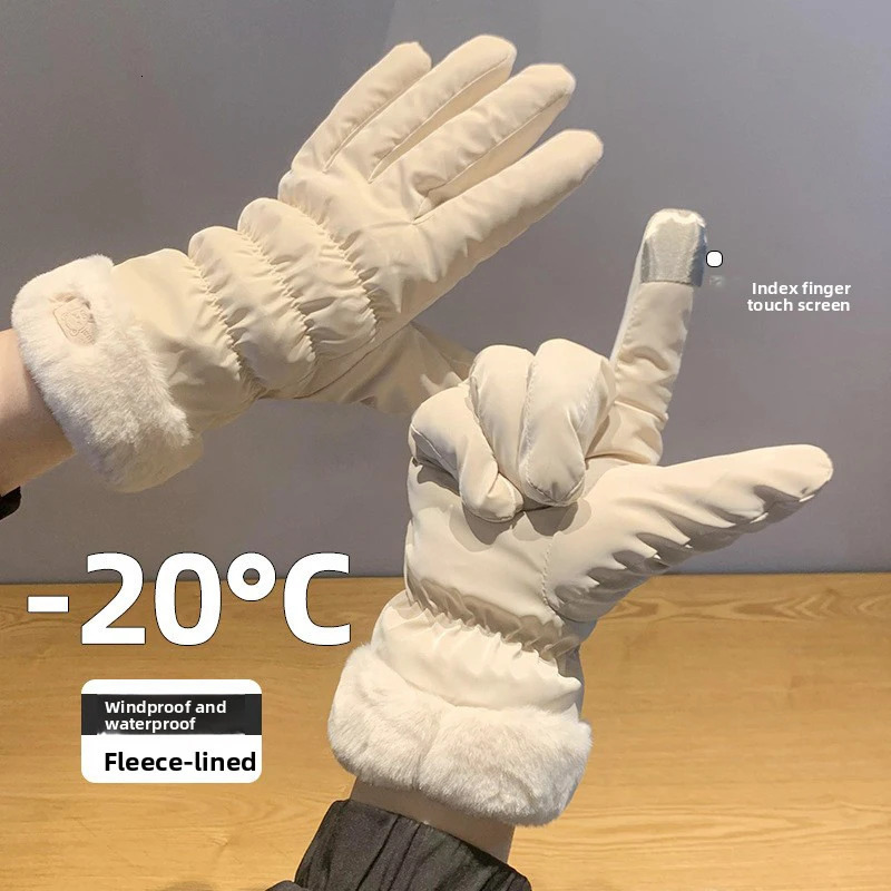 Korean 2pcs Plush Touch Screen Windproof Glove Thickened Plush Cold Resistant Waterproof Warm Cover Outdoor Cycling Skiing Glove 251023