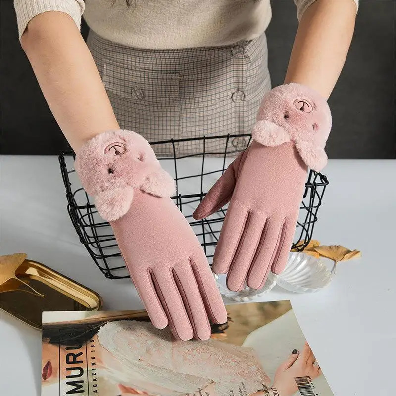 Suede Winter Ladies Gloves Korean Cute Thick Autumn and Winter Warm Driving and Riding Touch Screen Gloves 251023