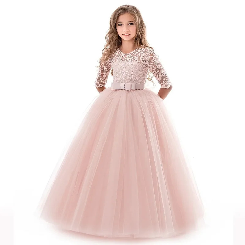 Girls Dress 414 Year Old Girls Bow Long Sleeve Princess Dress Lace Long Mesh Dress Wedding Dress Flower Girl PerformanceDress 251023