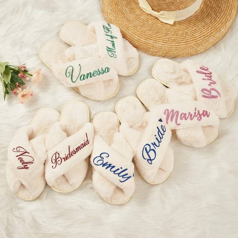 Olive Bride Bridesmaid Gift, Bachelorette Gift Set, Custom Fluffy Slippers, Fuzzy Bridal Party Slippers ddmythur