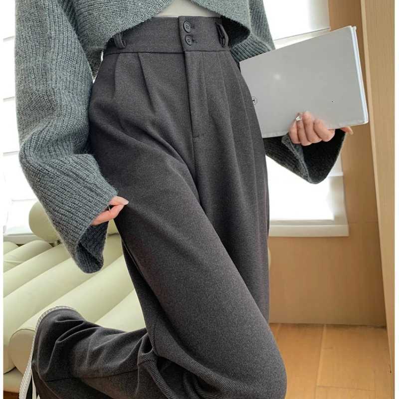 Autumn Winter High Waist Woolen Womens Wide Leg Pants 2025 New Button Korean Casual Loose Straight Full Length Trousers FemaleT251025