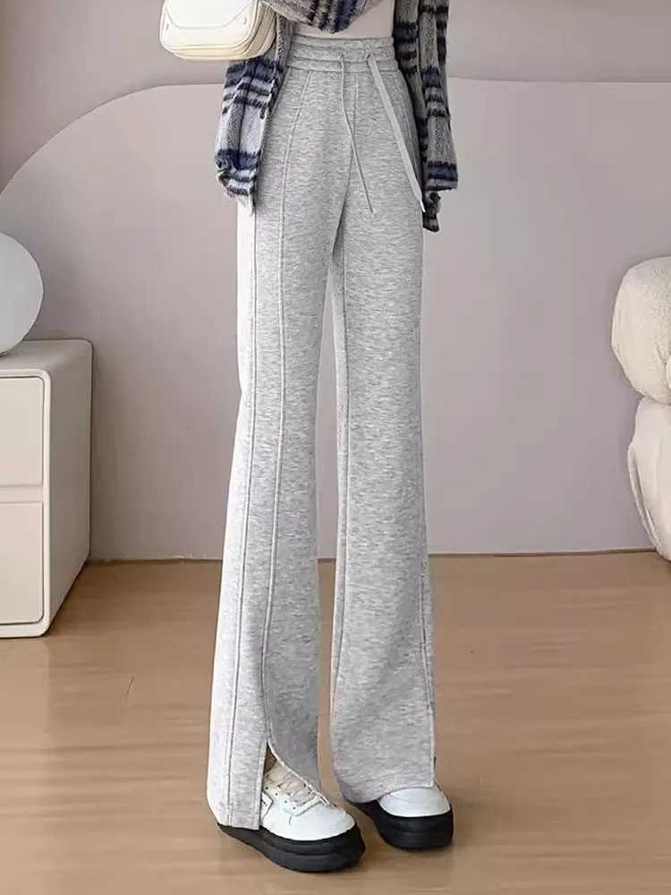 Split Design Thicken Slim Flare Pants Women Elastic High Waist Velvet Lined Wide Leg Pantalones Winter Warm Casual Solid CalcaT251025