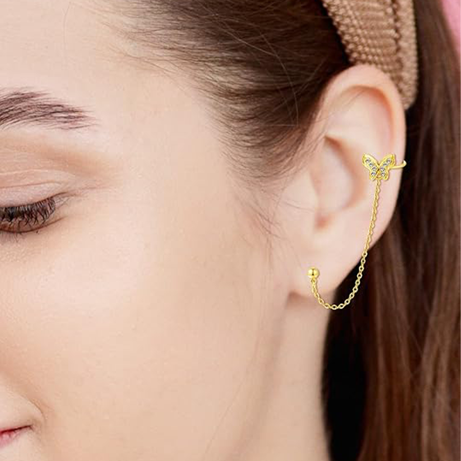 Ear Cuff Earrings for Women Stainless Steel Cuff Chain Drop Dangling Earrings Helix Cartilage Cuff Earring Non Pierced Adjustable Gold Tone