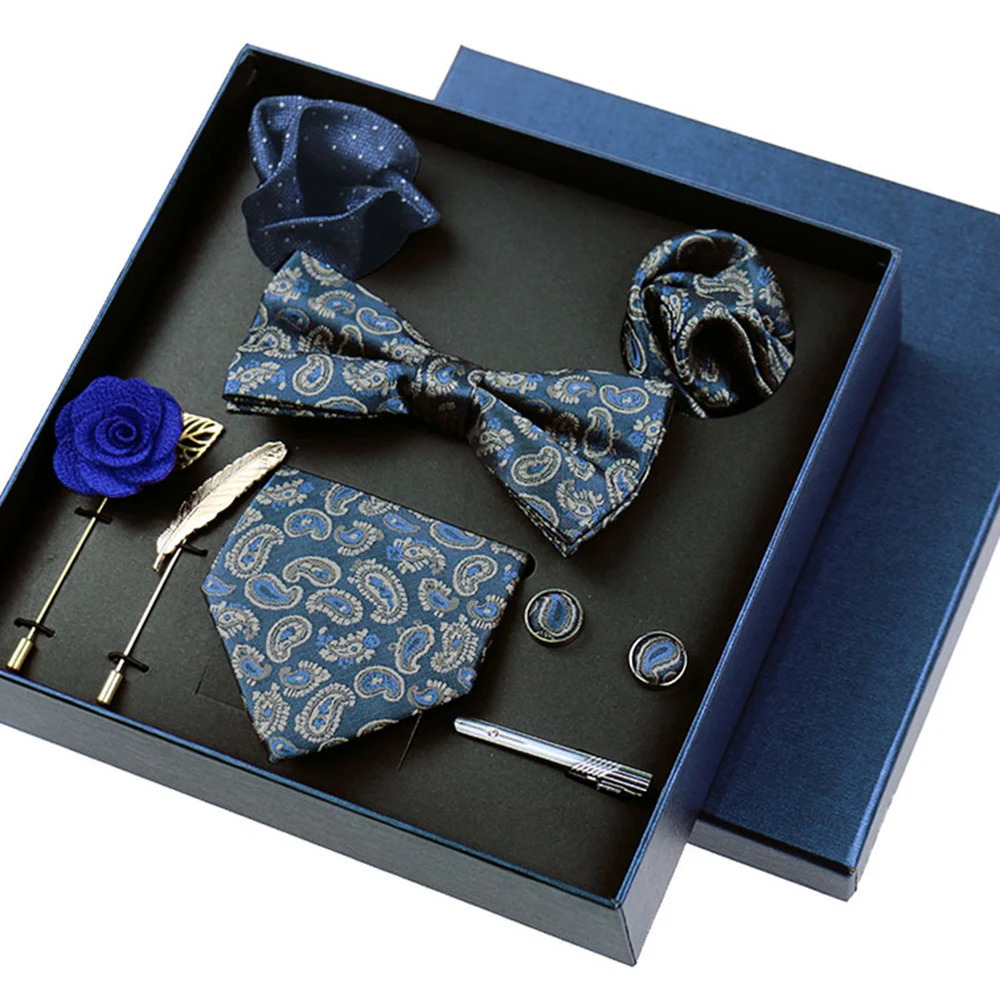 8piece Set Bussiness Blue Ties For Mans Floral Brooches Pin Cufflinks Tie Clips Butterfly Bowtie Wedding Accessori Gift Box Set 251023