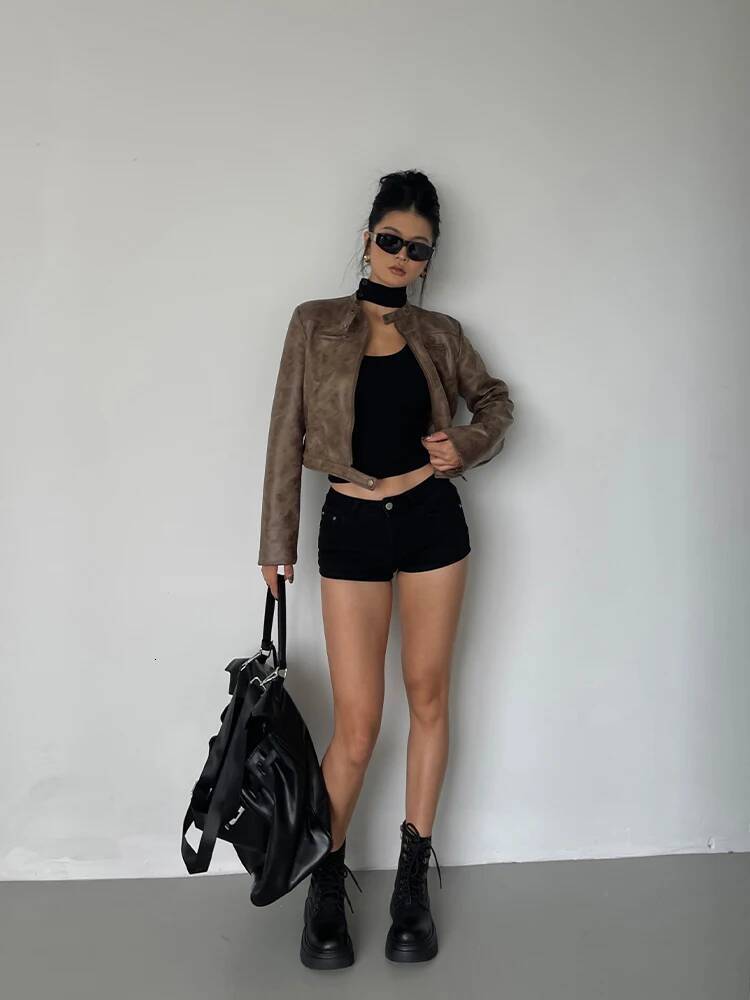 Stand Collar Leather Coat Women Autumn New Straight Tube Slim Short Motorcycle Jacket Korean Sweet D8FN dongdumaoyi