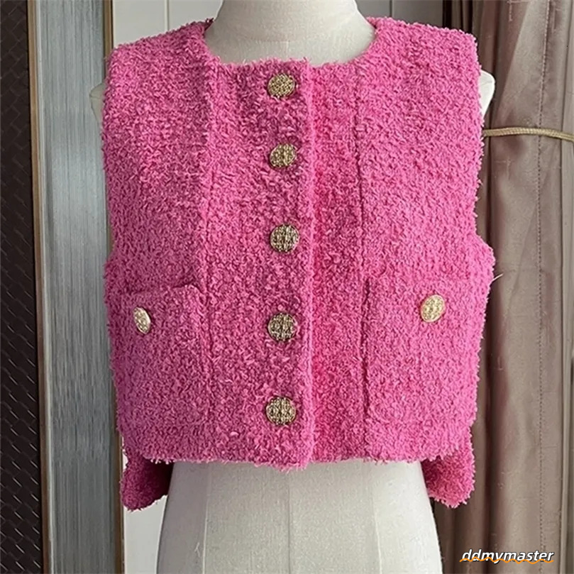 Tweed Vest Womens: Elegant O-Neck Sleeveless Wool Jacket, Korean Style Jacket. Lightweight Pink And White Coat For Women Ddmymaster