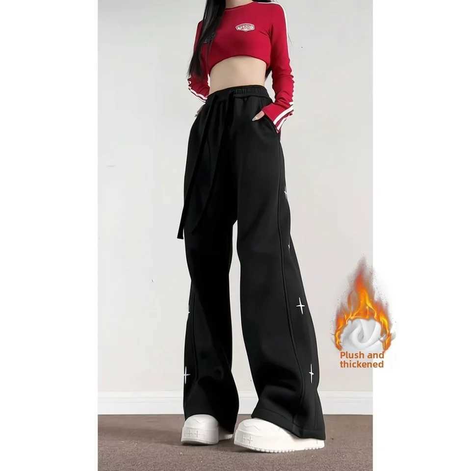 Womens Velvet Star Print Straight Leg Pants Korean Casual Sports Autumn Winter New Item for StudentsT251025