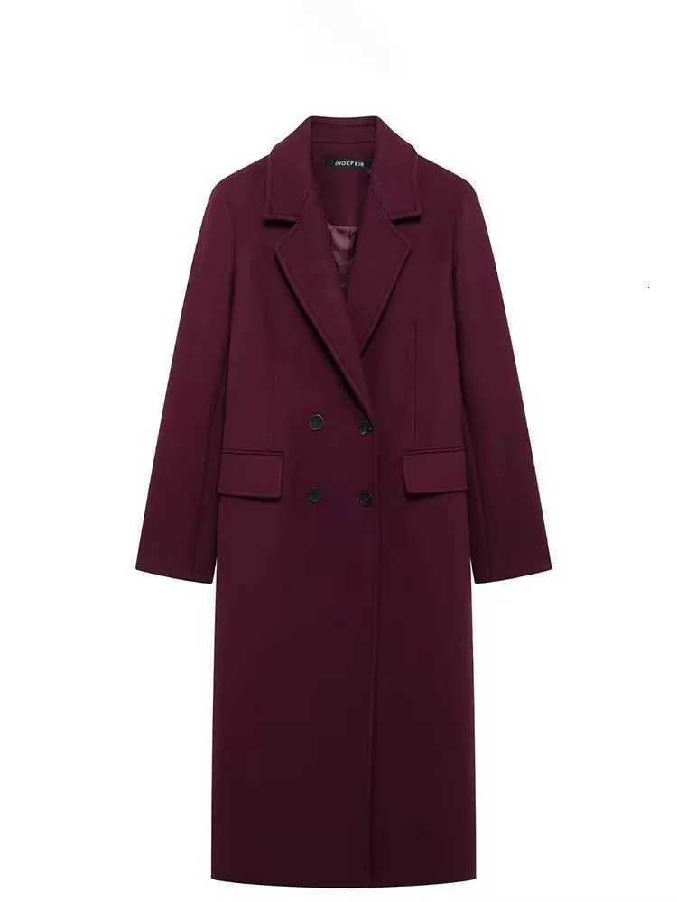 HH Women Fashion Burgundy Woolen Coat Double Breasted Long Sleeve Lapel Blends Jacket Autumn Winter High Street OuterwearT251025