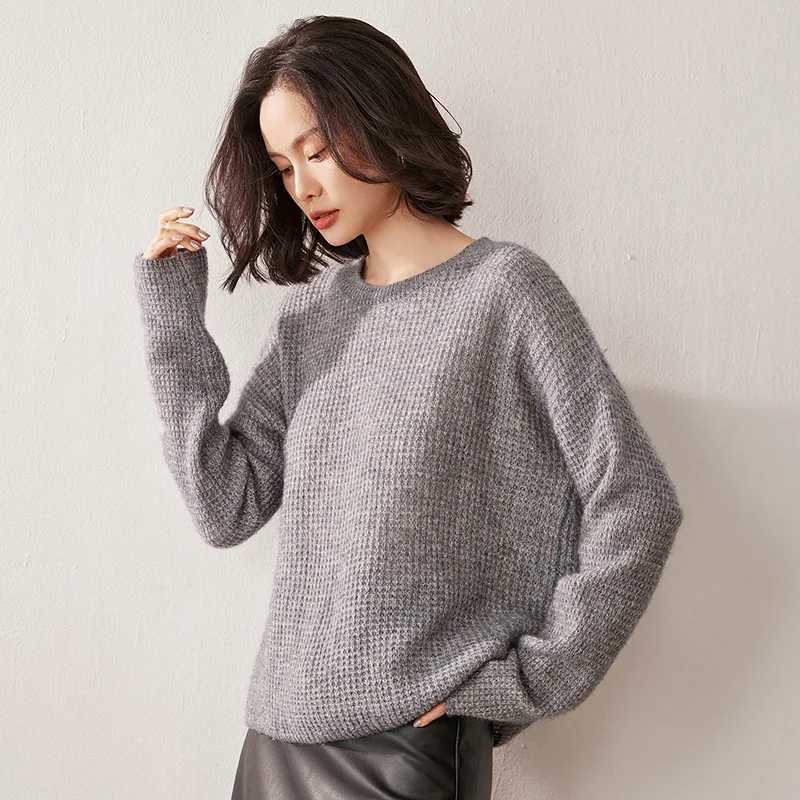 100 Cashmere Sweater for Women Pullover Corn Grain Shiny Silk Sweater Versatile Loose Round Neck Knitted Base Shirt for WomenT251025