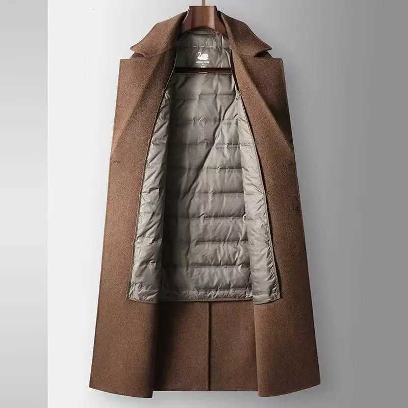 2025 AutumnWinter New Mens 100 Wool Coat Knee length Double breasted Goose Down Inner Tank Thickened for WarmthT251025