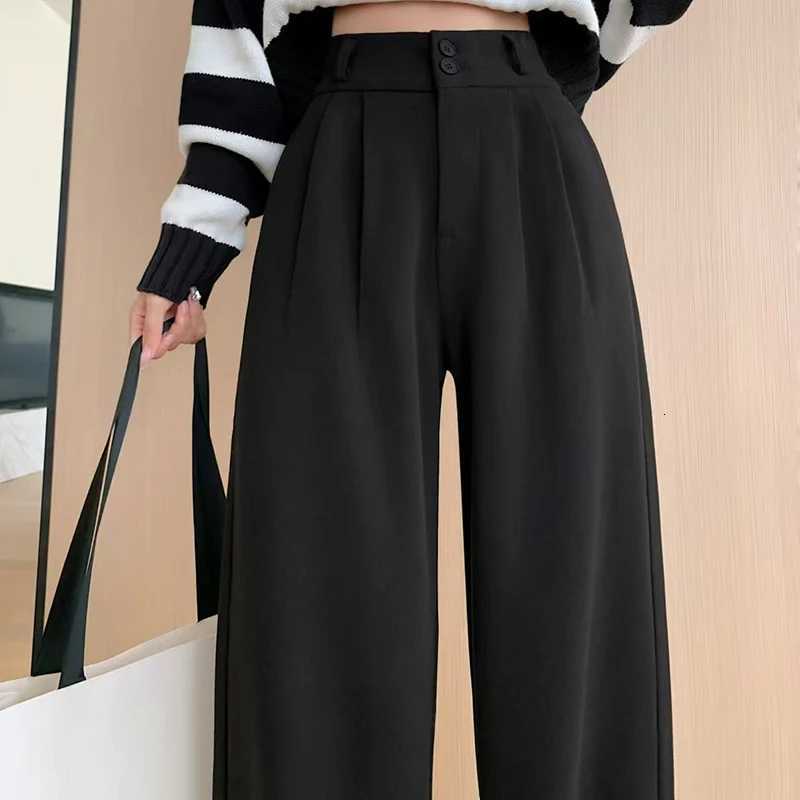 Autumn Winter High Waist Woolen Womens Wide Leg Pants 2025 New Button Korean Casual Loose Straight Full Length Trousers FemaleT251025