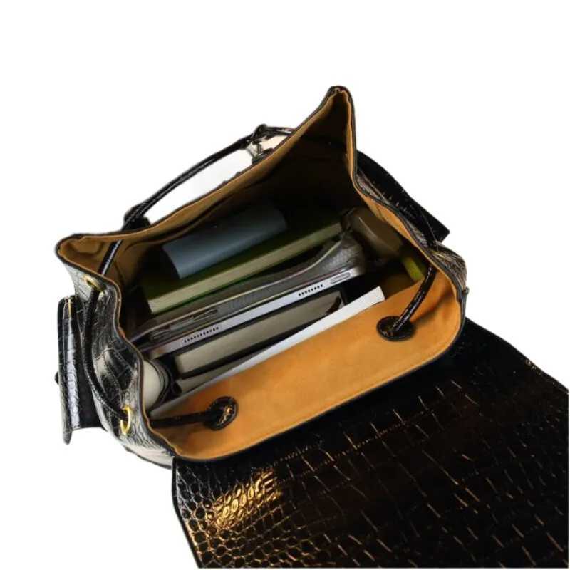 Genuine Cowhide Crocodile Pattern Travel Backpack Unisex Large School Bag for Students Office Workers with AntiTheft Zipper W251025