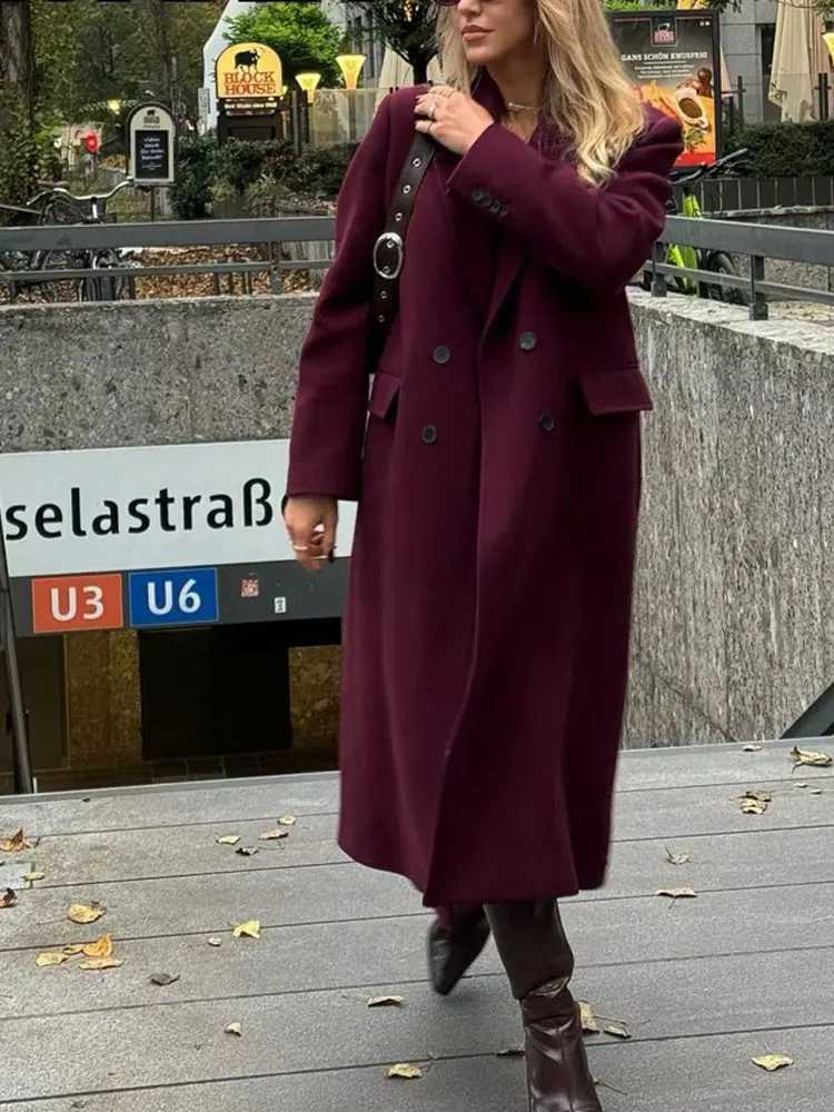 HH Women Fashion Burgundy Woolen Coat Double Breasted Long Sleeve Lapel Blends Jacket Autumn Winter High Street OuterwearT251025