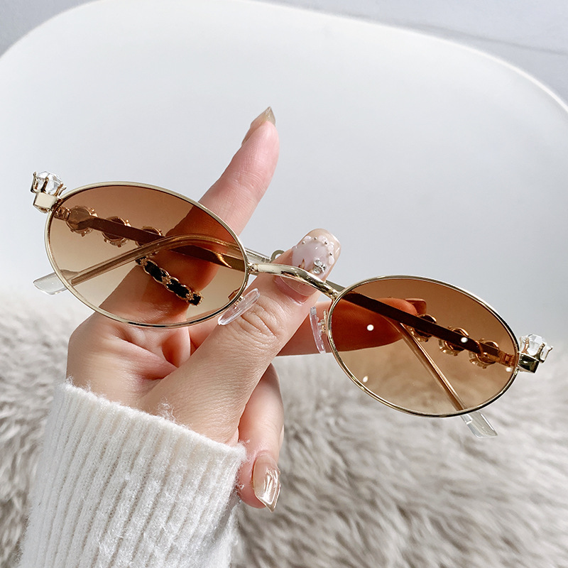 Cross-Border New Viral Street Style Sunglasses Unique Metal Y2K Diamond-Studded Oval Small-Frame Glasses Direct from Manufacturer