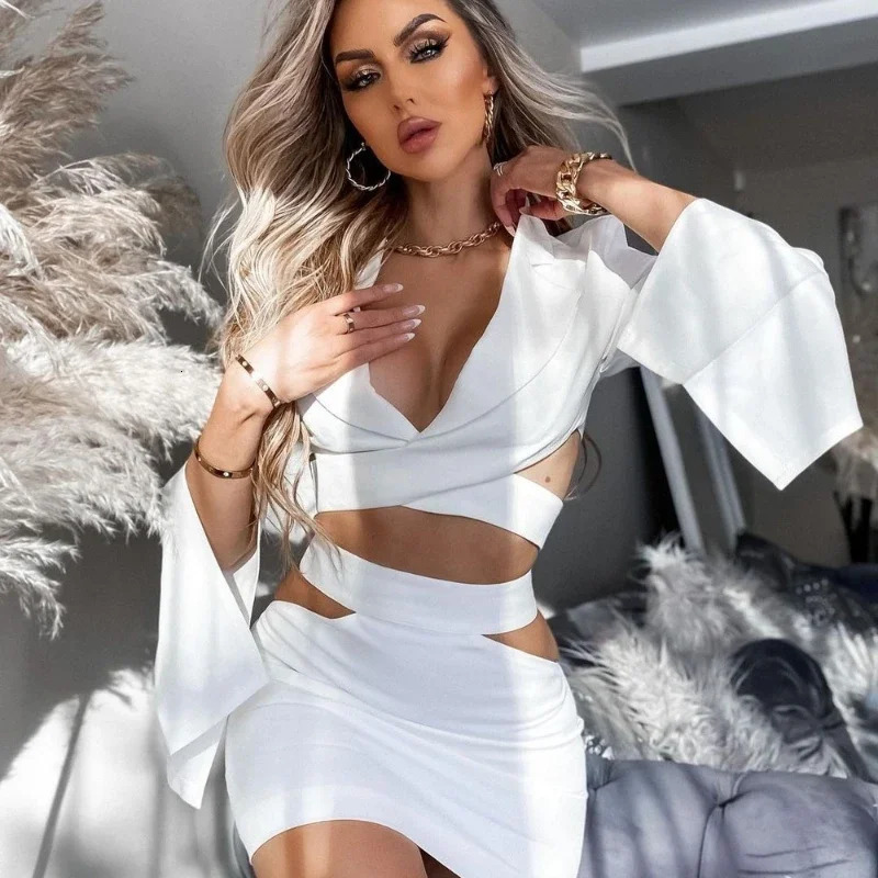 Fashion Sexy Notched Collar Hollow Out Jacket Office Ladies Slim Chic Long Sleeve White Blazer Skirt Set Women Outfits 251023