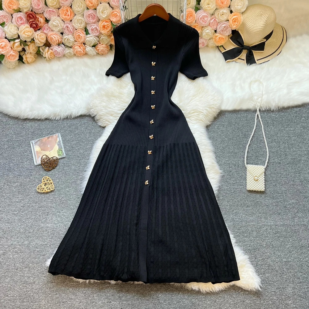 YuooMuoo Fashion Elegant Patchwork Knitted Long Dress Spring Summer Women Shirt Sweater Dress Lady Party Vestido 251023