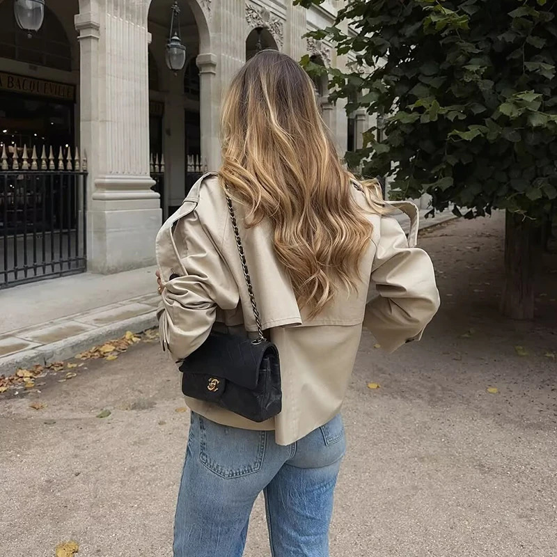 Womens Short Trench Coat Fashion Double Breasted Turndown Collar Long Sleeve Coats Autumn Vintage Female Outerwear Chic Tops 251024