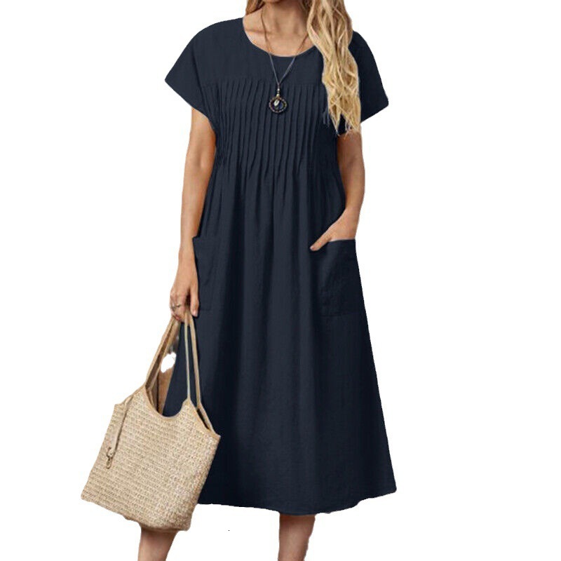 Women's Long New Solid Color Round Neck Pocket Ruched Short Sleeve Cotton Dress