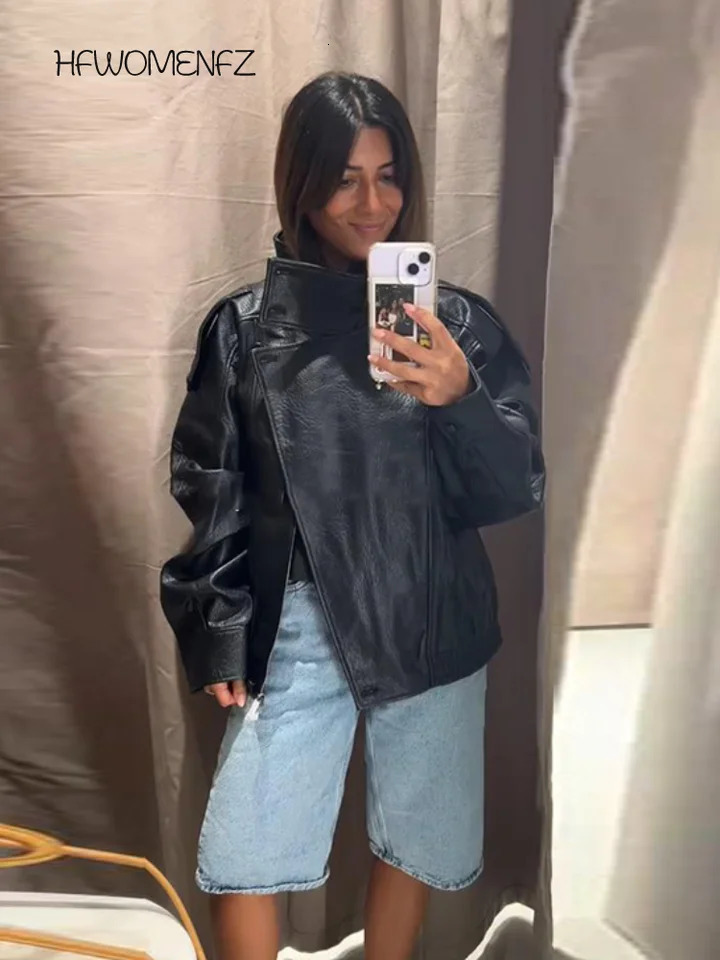 Street PU Leather Loose Jacket Women Fashion Solid Full Sleeve Stand Collar Single Breasted Coats Female Autumn Lady Coat 251020