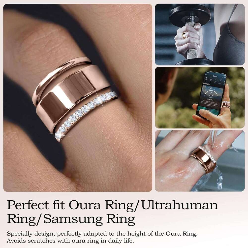 2 Pack 14K Gold Plated Stackable Compatible with Oura Gen 3/4, Cubic Zirconia Simulated Dia Stacking Rings Eternity Bands for Smart Ring