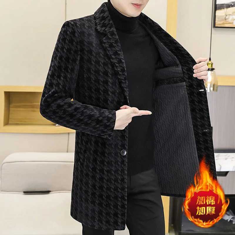 2022 Winter Long Wool Blends Jacket Men Fashion Plaid Casual Business Trench Coat Thicken Warm Slim Social Overcoat Men ClothingT251025