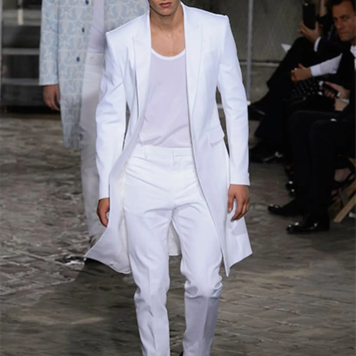 Summer Long Jacket White Trousers Groom Tuxedos Wedding Suits for Men Peaked Lapel Man Blazers 2 Pieces Coat Pants Prom 251020