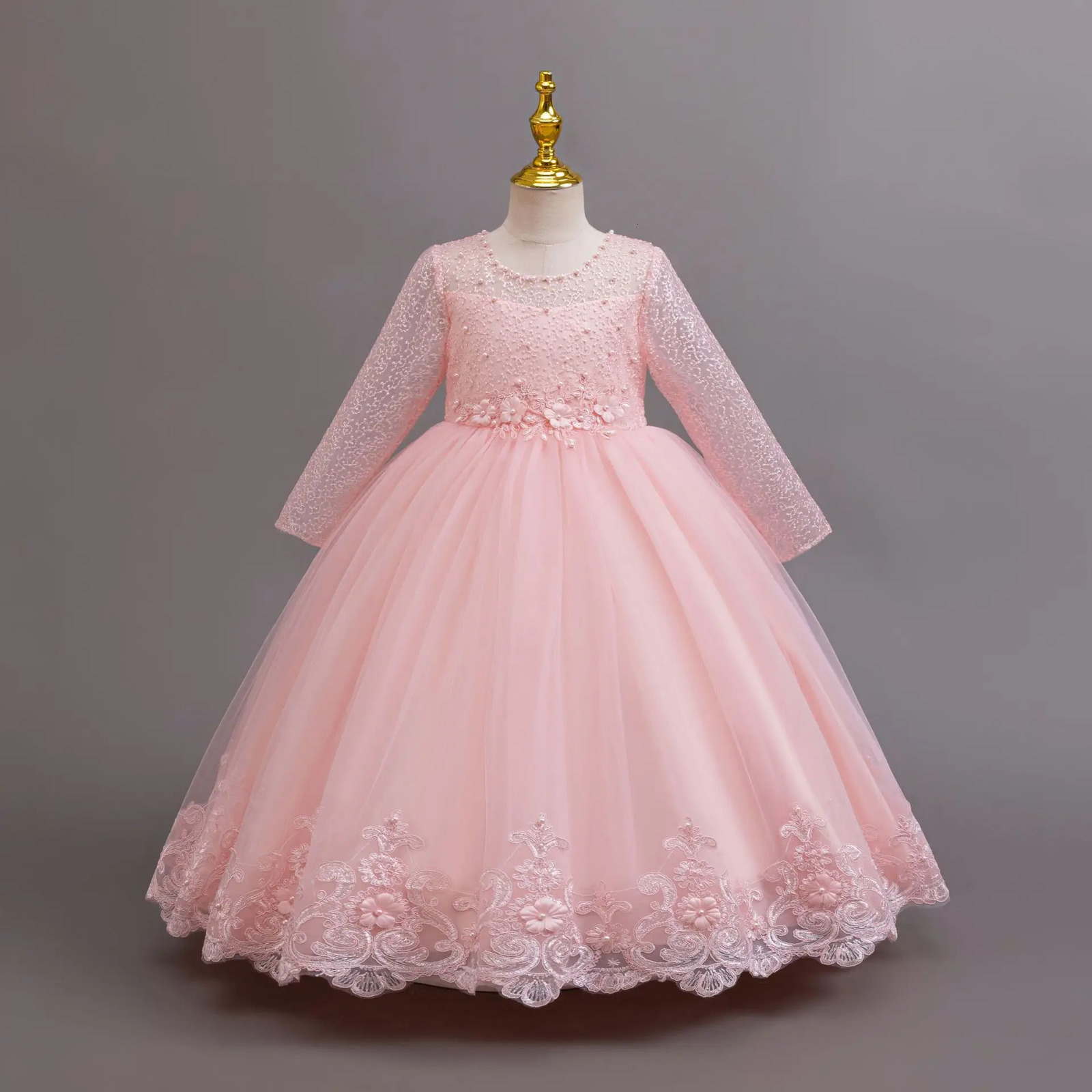 Long Sleeve Elegant Dress for Young Girls Flower Girl Wedding Dresses Lace Formal White Clothes From 4 to12 Years 251023
