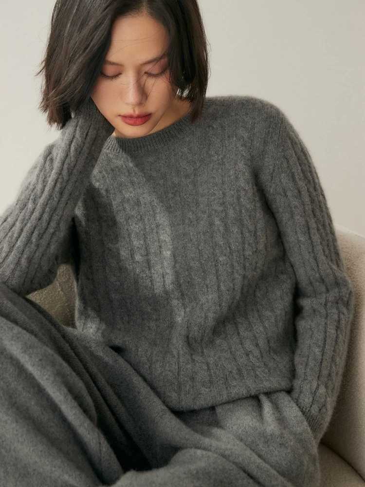 Womens Vintage Chic Basic Twist Flower Knit Autumn Winter Sweater 100 Cashmere Tops Loose Clothes Simple Warm ONeck PulloverT251025