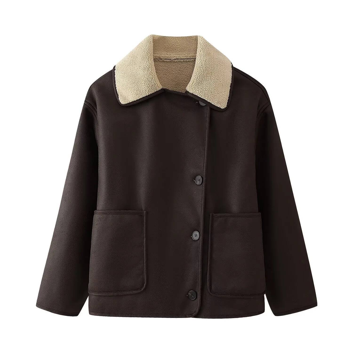 Fleece Fur Leather Jacket Coat Lapel Single Breasted Pocket Double-Sided Jackets Autumn Winter New Thickened Warm Women Overcoat dongdumaoyi