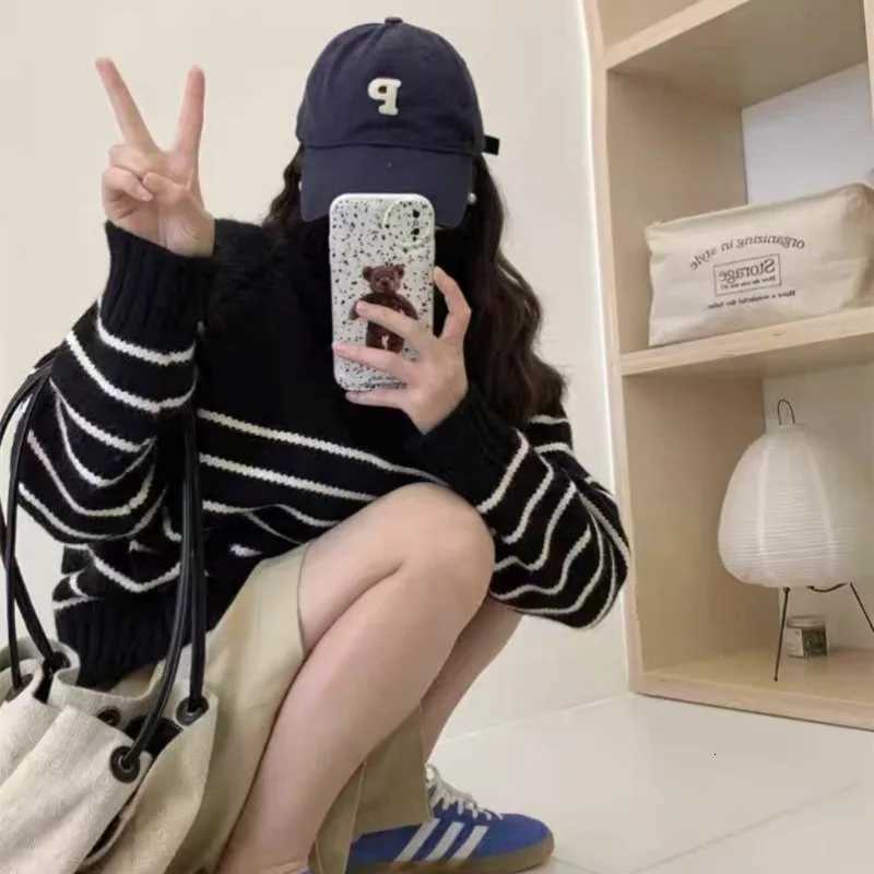 AutumnWinter New Korean Striped Knitted Pullover Womens Casual Loose Short Sweater Fashion Half Zipper Long Sleeve KnitwearT251025