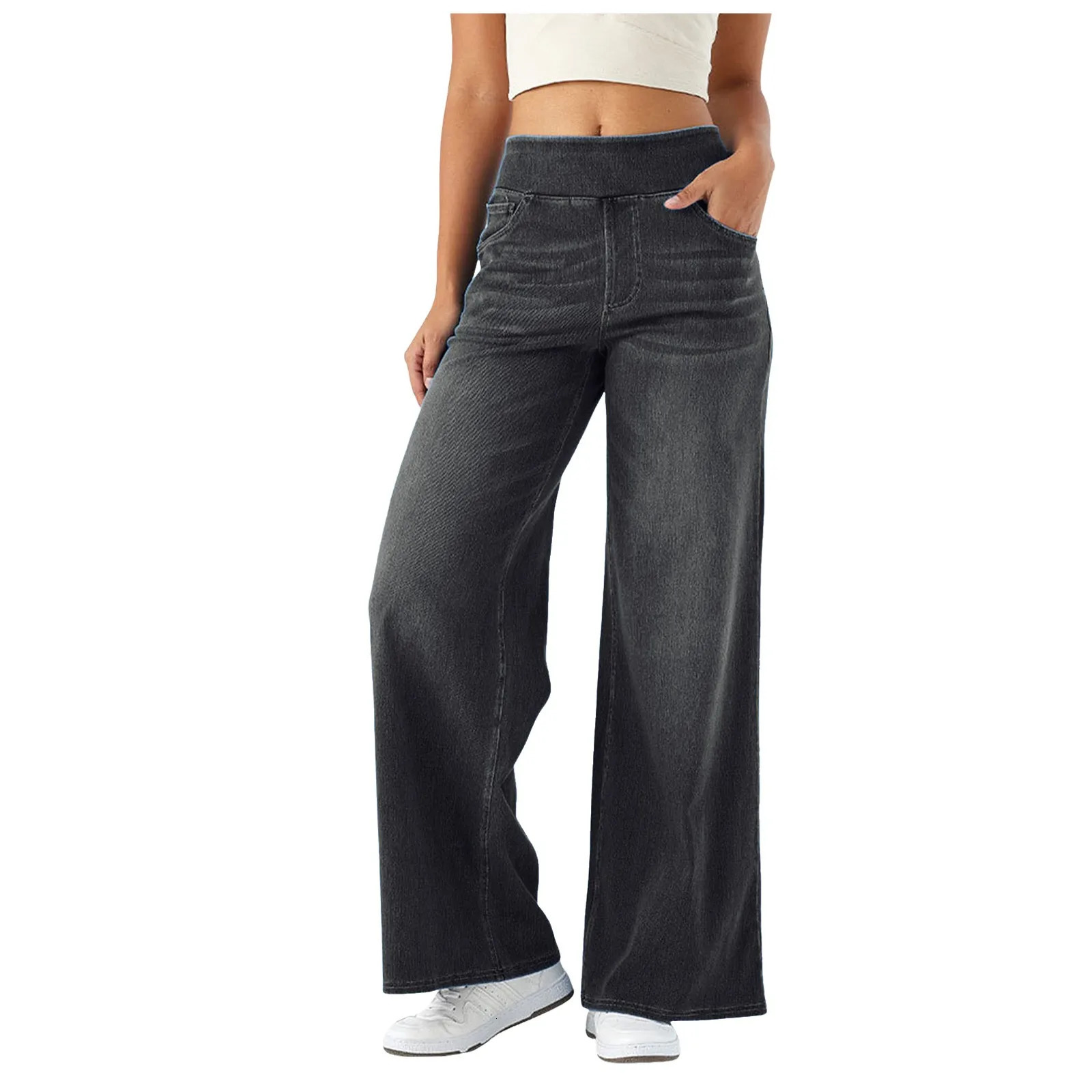 Baggy Ladies Wide Leg Trousers With Elastic Waistband High Waist Stretch Vertical Tube Trousers Stylish Womens Casual Pants 251023