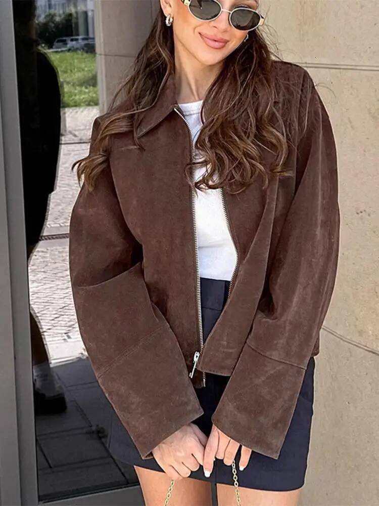 Women Dark Brown Suede Coats Stand-up Collar Short Loose Zipper Single Breasted Long Sleeves Jacket 2025 Autumn Fashion New Coat dongdumaoyi