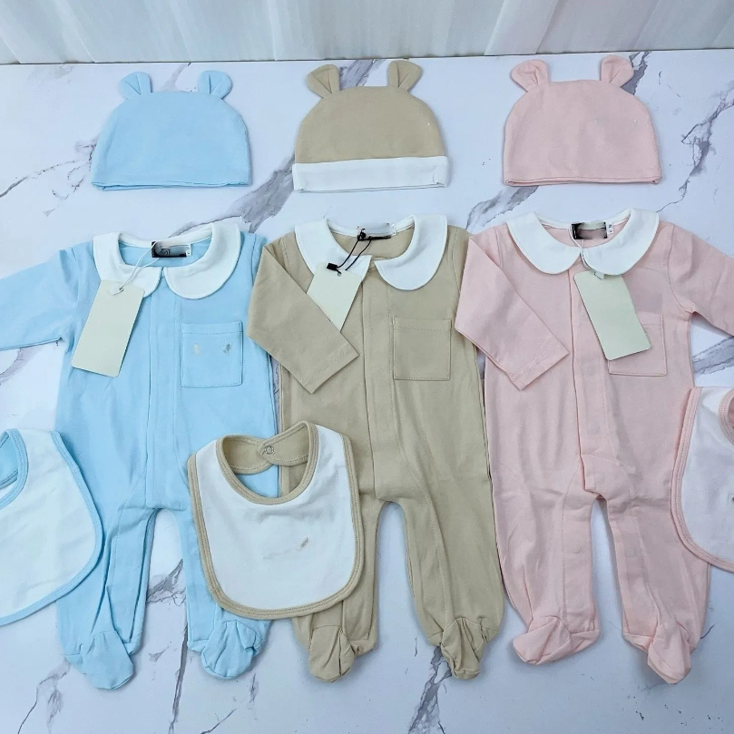 Baby Designer rompers Infant cotton bodysuit sets Newborn baby bear embroidery lapel long sleeve jumpsuits hat bibs 3pcs Clothes