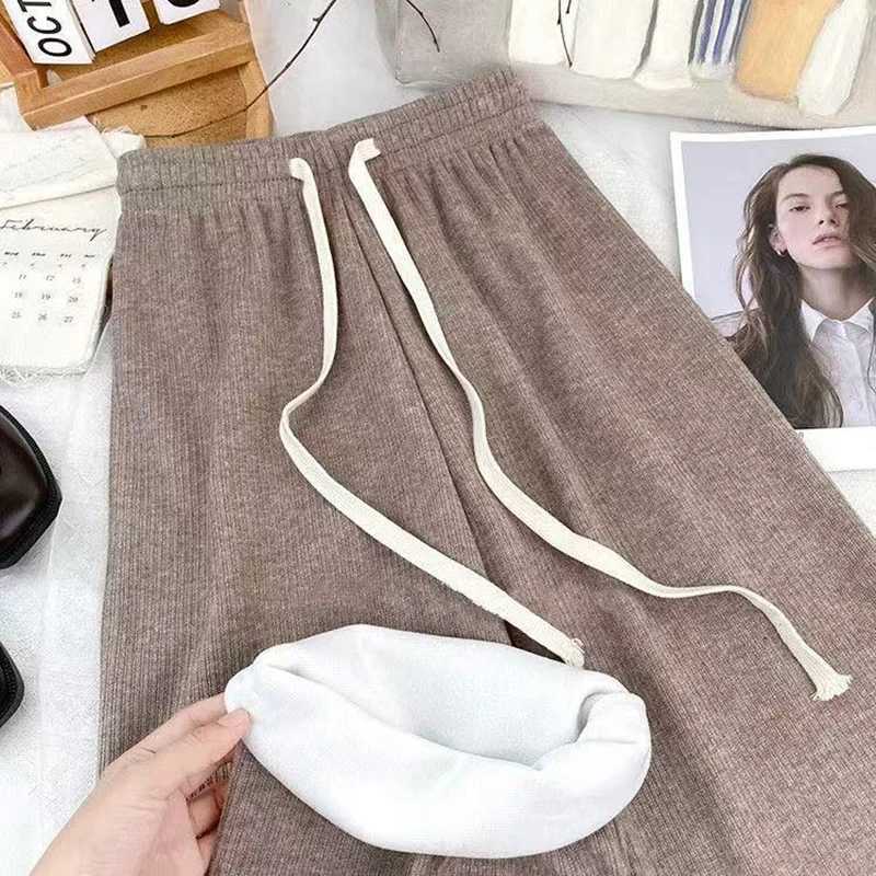 Casual Elastic Waist Fleece Pants Women 2025 Drawstring Lace Up Wide Leg Trousers Woman Pocket Warm Autumn Winter Pants FemaleT251025