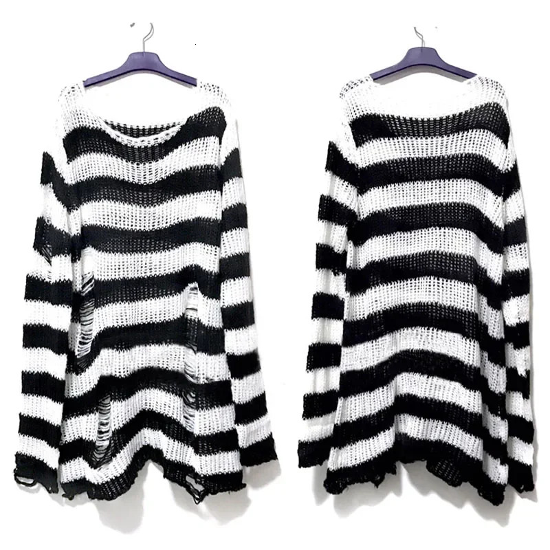 Autumn Punk Gothic Long Unisex Sweater Women Striped Cool Hollow Out Hole Broken Jumper Loose Rock Thin Dark Streetwear Top 251023