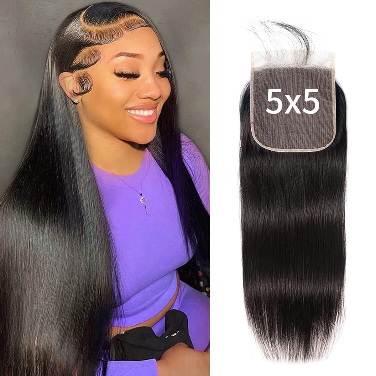 5x5 Transparent Lace Closure Silky Straight Virgin Remy Human Hair 10-20 Inch Pre Plucked Natural Black Invisible Lace Glueless Install