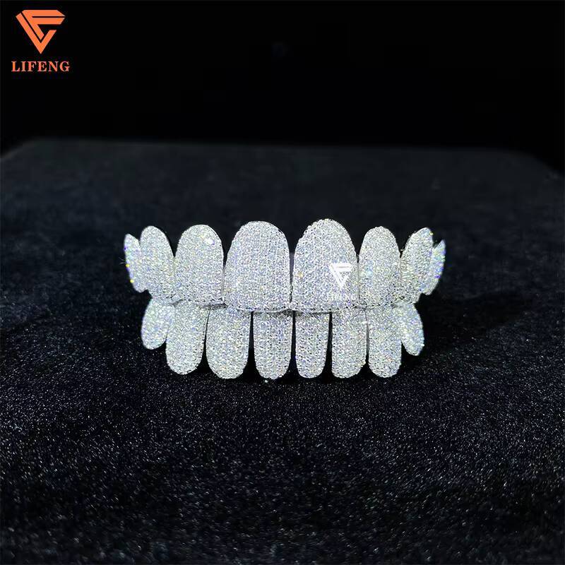 Iced Out Hip Hop Grillz Deep Perm Cut Diamond Teeth 8 Top 8 Bottom Gold Plated 925 Sterling Sliver Custom Vvs Moissanite Grillz