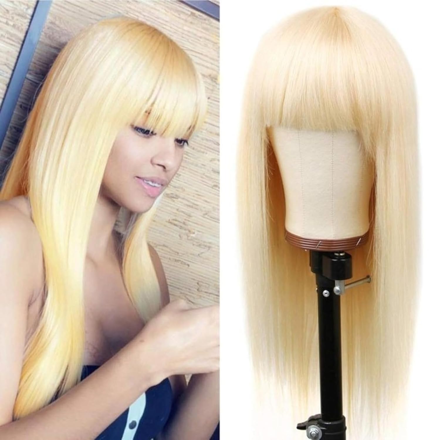 613 Blonde Bangs Long Straight Wig Human Hair Machine Made Glueless Wear Go Silky Soft Everyday Full Wig for Women