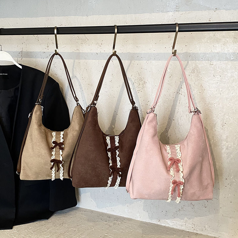 New hot selling retro suede bow women's designer handbag, large capacity parent-child commuting shoulder bag, three in one handbag and backpack