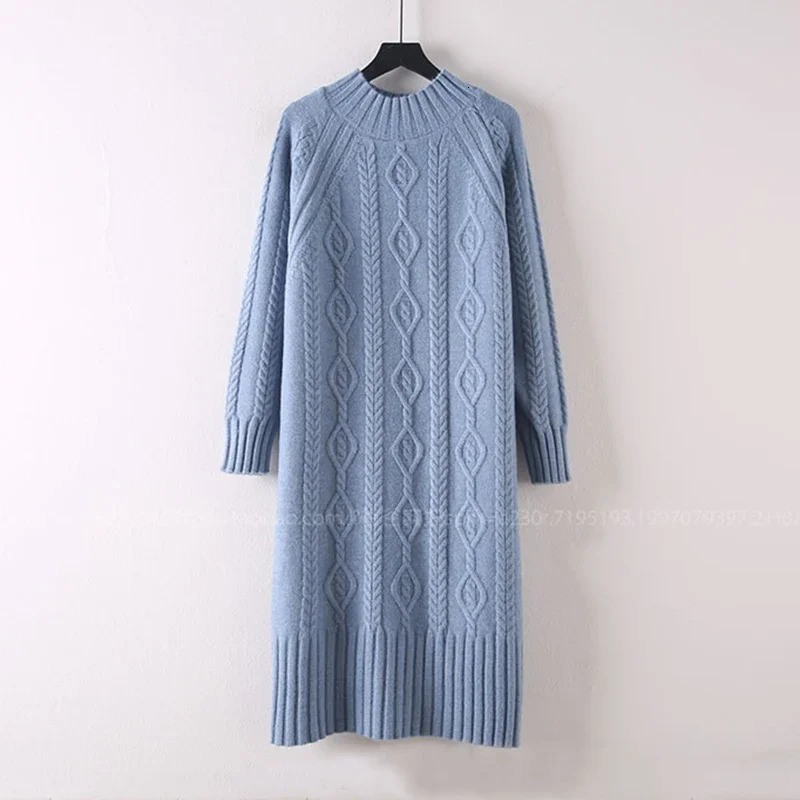 Winter Thicken Plush Velvet Lined Sweater Dress Womens Fall Half Turtleneck Rib Knit Bottom Dresses Elegant Warm Vestido Midi 251023