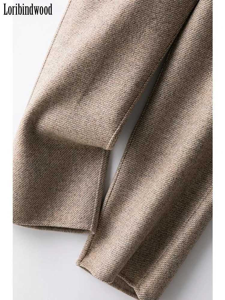 Loribindwood Woolen Pipe Pants Women 2023 Autumn and Winter Loose Straight High Waist Tweed Casual Nine Points Radish TrousersT251025