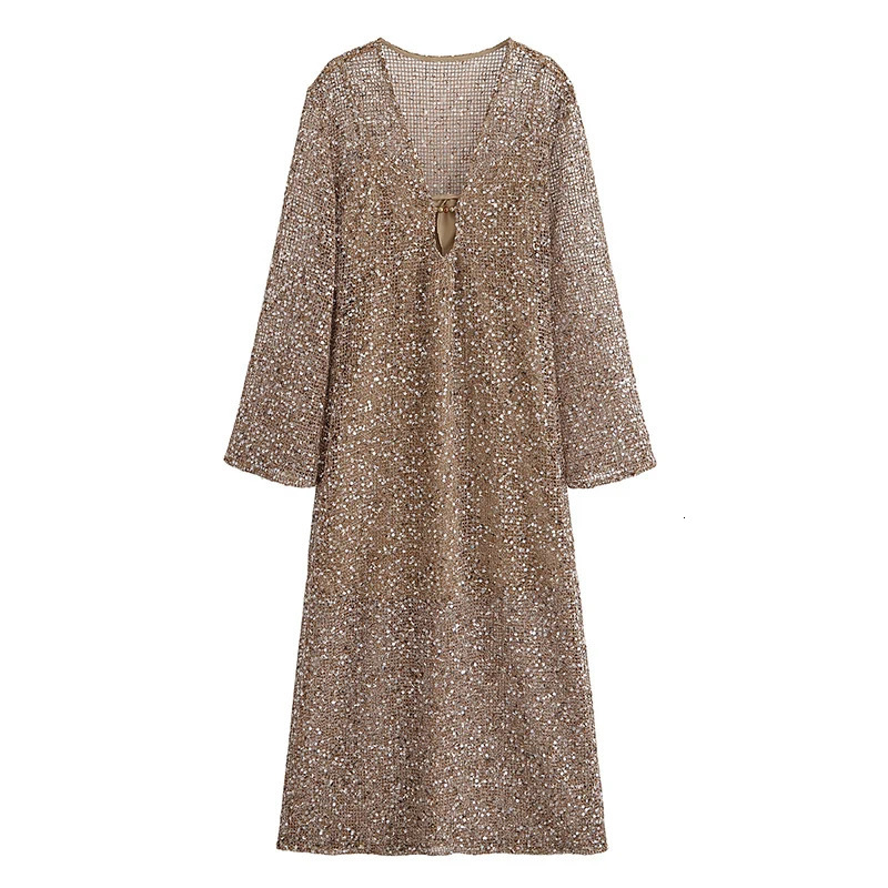 Sexy Sequined Long Pleated Dress Women Deep Vneck Full Sleeve See Through Dresses 2025 Summer Lady Party Evening Dresses 251023