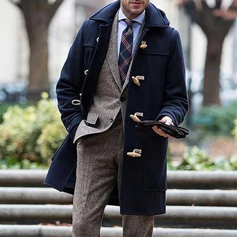 Men s Winter Duffle Coat Loose Fit Classic Wool Blend Long Sleeve Hood Toggle OutwearT251025